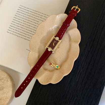 Rectangular Diamond-set Women's Quartz Watch High-end Temperament Simple Fashionable Watches Belt Wristwatch Match Items Gifts