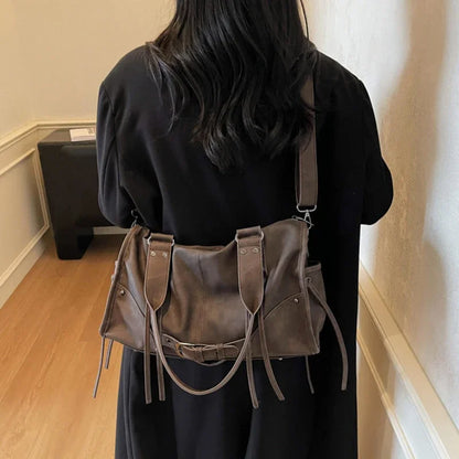 Retro Motorcycle Handbag Women Horizontal Tote Storage Tassel Design Pillow Shoulder Bag Trendy Large Capacity Soft Underarm Bag