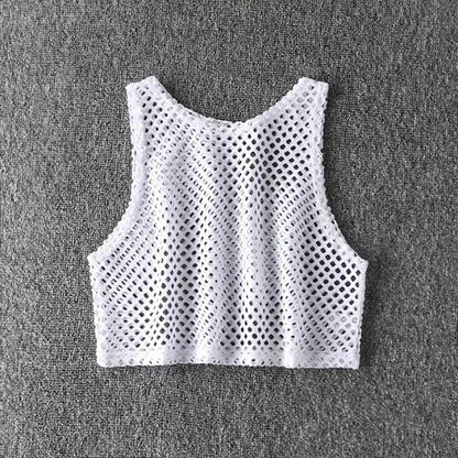 Sexy Black/Red Hollow Out Crop Top 2023 Mesh T-shirt Female Loose Fashion Summer Basic Tops For Women Fishnet Shirt