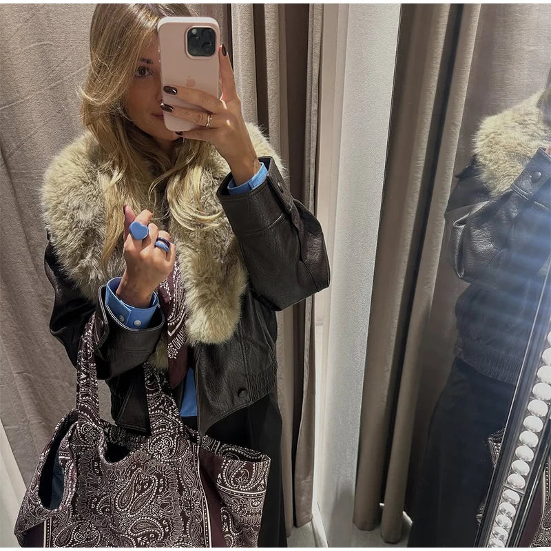 Brown Faux Fur Collar Leather Jacket Women Oversize Design Long Sleeve Coat 2025 Fashion Luxurious Versatile Bomber Outerwear