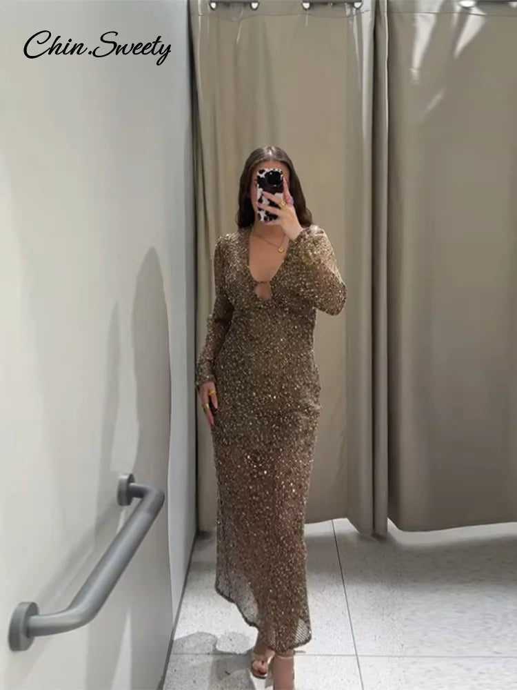 Sexy Shiny Deep V-neck Long Dress Women Flare Sleeve Hollow See Through Party Evening Dresses Female 2025 Summer Lady Slim Robes