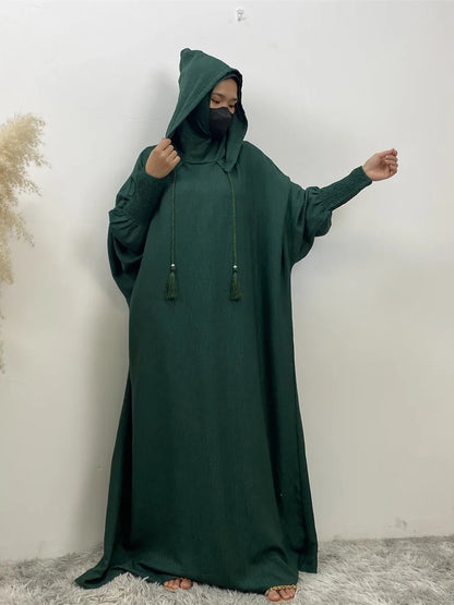 Hot Seller Ramadan Islamic Clothing Wrinkle Polyester Hoodie Abaya Dress With Undercap Muslim Women Abaya Hoodie Causal Dresses