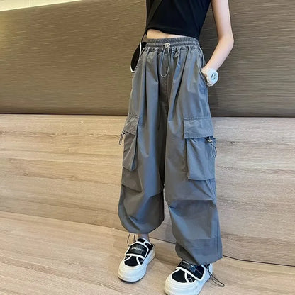 Girls Loose Joggers Pants Teen Casual Straight Cargo Trousers Fashion Children Pockets Design Streetwear Big Kids Pants 5-14 Yea