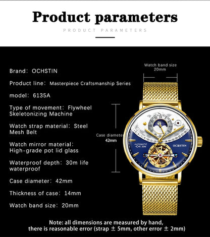 OCHSTIN Men's Stainless Steel Mesh Bracelet Watches Man High-Grade Cooktop Glass Skeleton Mechanical Flying Tourbillon Watch