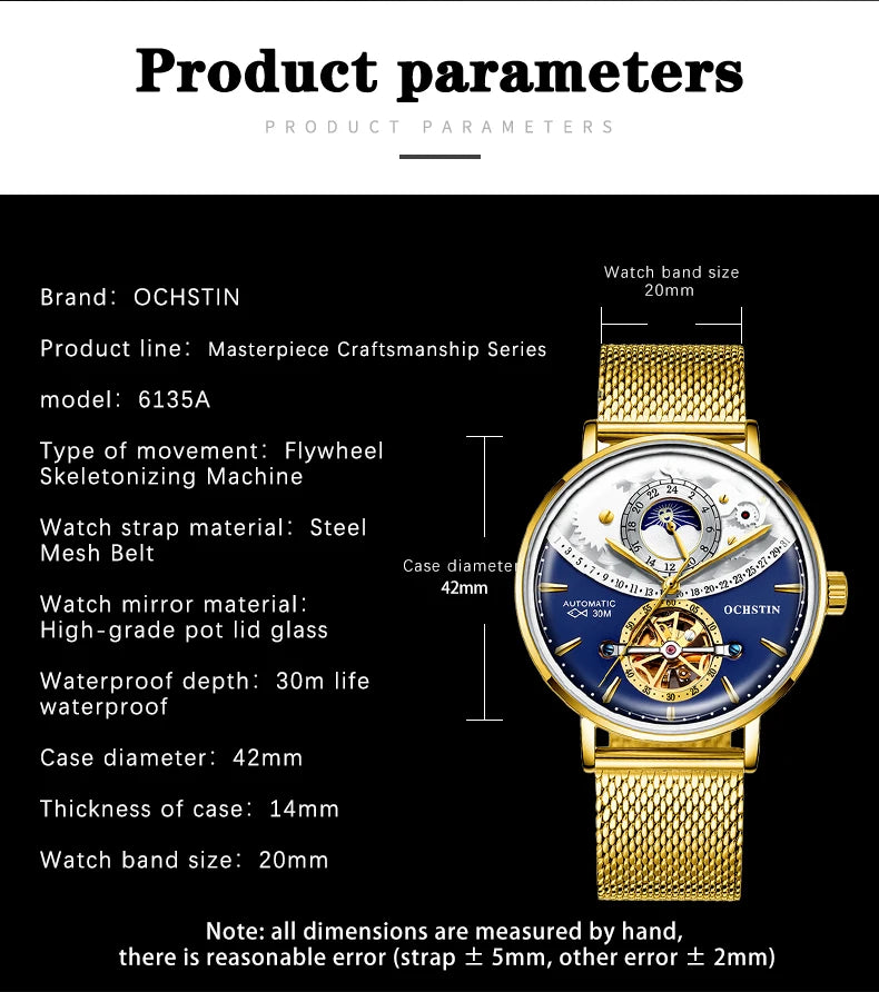 OCHSTIN Men's Stainless Steel Mesh Bracelet Watches Man High-Grade Cooktop Glass Skeleton Mechanical Flying Tourbillon Watch