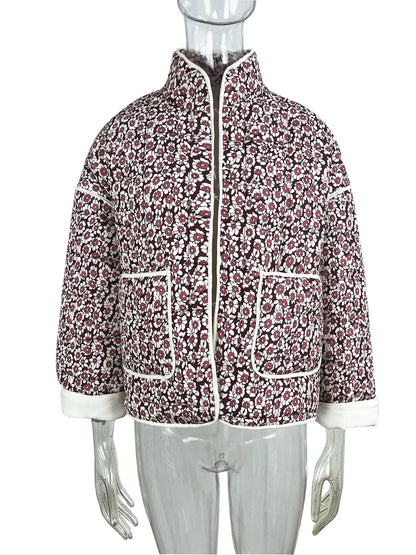 New Women's Floral/Gingham Print Lightweight Quilted Parkas Woman Long Sleeve Pockets Vintage Winter Jacket Coat Streetwear Tops