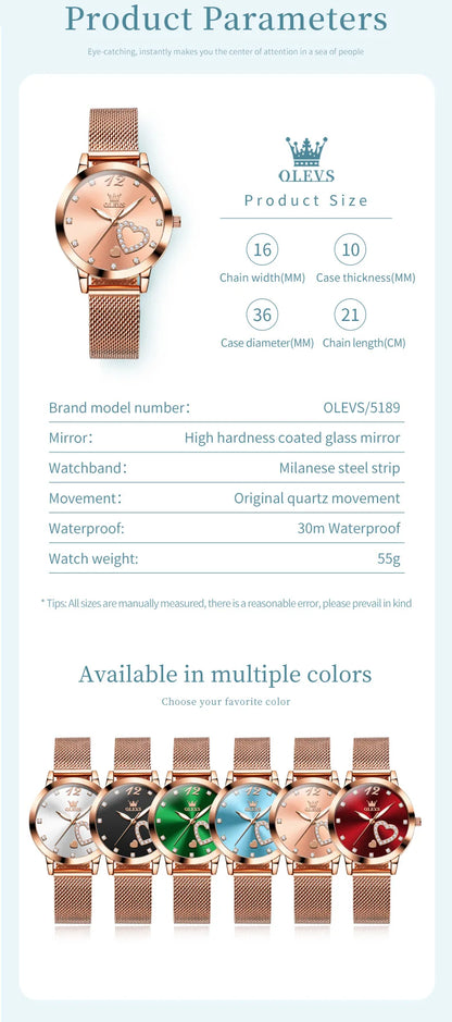 OLEVS 5189 Quartz Watch for Women Diamond Love Heart Design Fashion Elegant Rose Gold Mesh Steel Strap Waterproof Ladies Watches