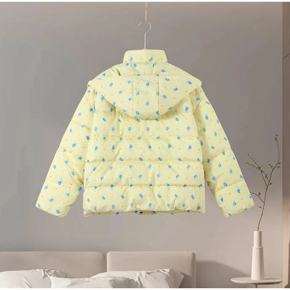 Printed Hooded Puffy Cotton Jacket Women Stand Collar Long Sleeve Zipper Loose Padded Coats 2025 Winter Lady Warm Outwear Street