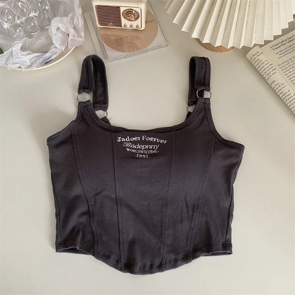 Fashion Embroid Letter Print Crop Tops Women Summer Sexy Streetwear Short Tops Suspenders Sports Tank Top Gym Solid Slim Vest