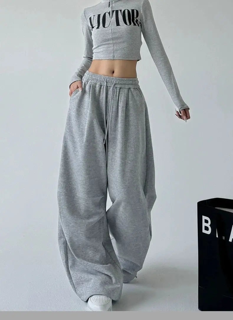 2025 New Harajuku Wide Leg Sweatpants Women Streetwear Baggy Oversize Gray Sports Pants Woman Drawstring Casual Joggers Trousers