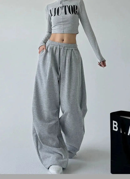 2025 New Harajuku Wide Leg Sweatpants Women Streetwear Baggy Oversize Gray Sports Pants Woman Drawstring Casual Joggers Trousers