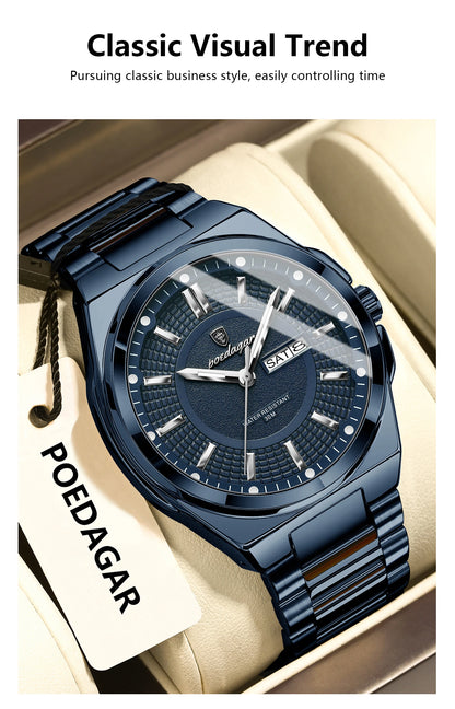 POEDAGAR Top Business Men's Watches Stainless Steel Waterproof Luminous Man Watch Date Week Quartz Casual Fashion Men Wristwatch