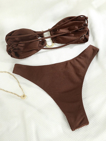 Solid Swimsuit Women Bathing Suit Bandeau Bikini 2026  Biquinis Feminino Swimwear High Waist Bikini Set Beachwear Sexy Bikinis