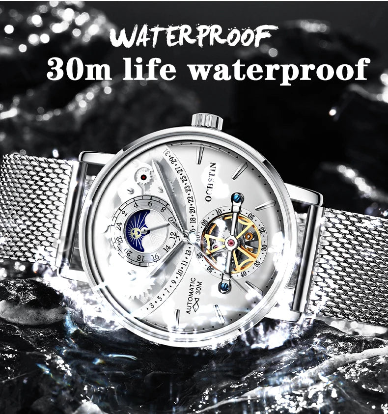 OCHSTIN Men's Stainless Steel Mesh Bracelet Watches Man High-Grade Cooktop Glass Skeleton Mechanical Flying Tourbillon Watch