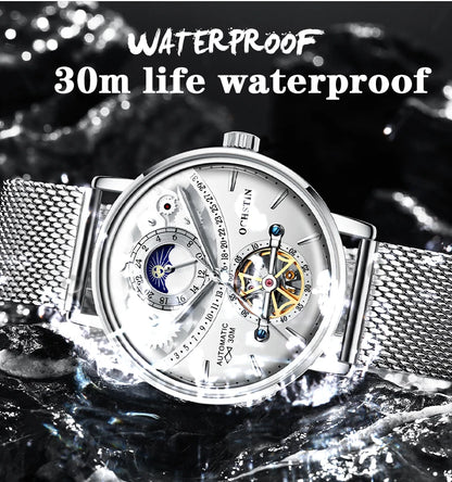 OCHSTIN Men's Stainless Steel Mesh Bracelet Watches Man High-Grade Cooktop Glass Skeleton Mechanical Flying Tourbillon Watch