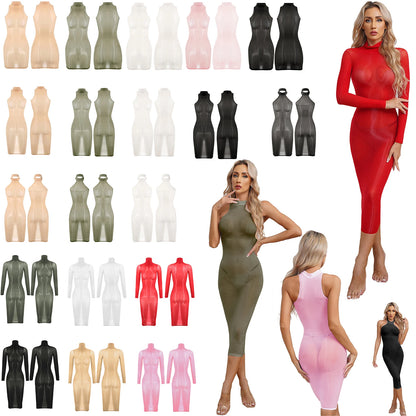 Womens See Though Bodycon Dress Sexy Lingerie Nightwear Long Sleeve Stretchy Glossy Dresses Tempting Party Pole Dancing Clubwear