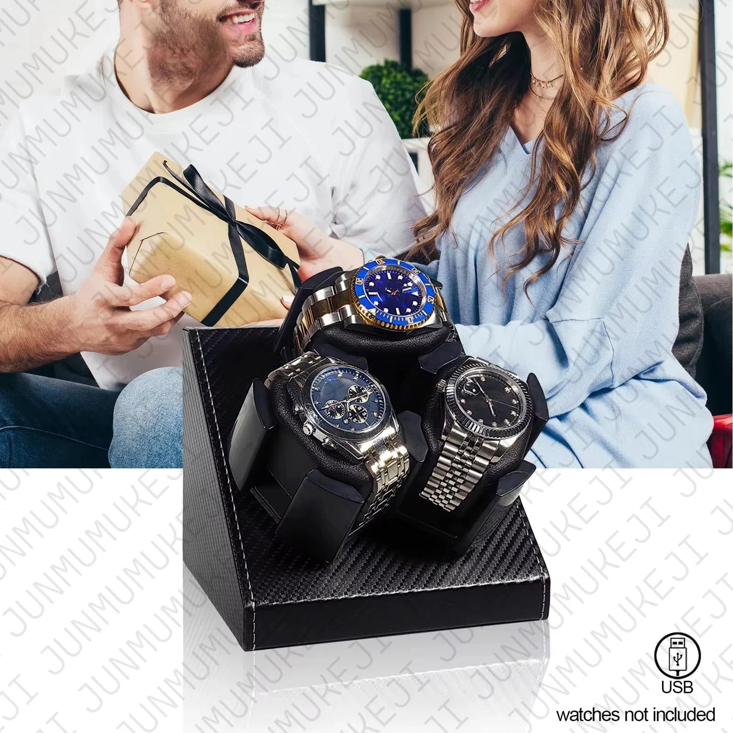 Watch Winder for Automatic Watches Box 3 Watches PU Leather Rotating Storage Display Automatic Winding Universal USB Power 5V1A