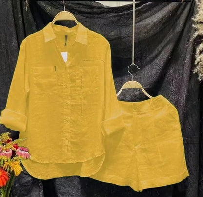 Summer Casual Home 2 Piece Set For Women 2025 Basics Cotton White Long Sleeve Shirt and Shorts Pants Set New Fashion Tracksuit