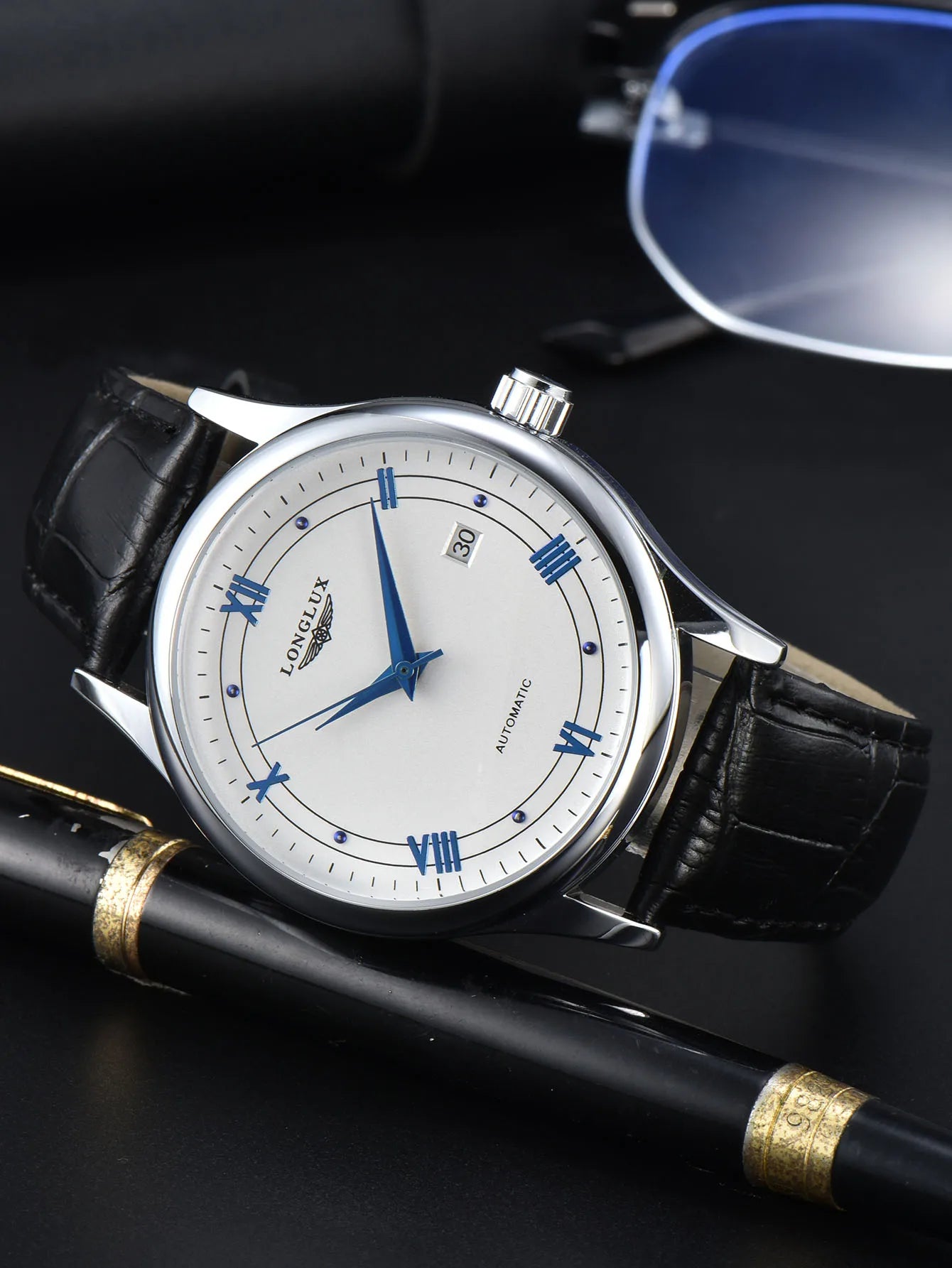 Men automatic watch simple mechanical watches  date waterproof fashion leather gift