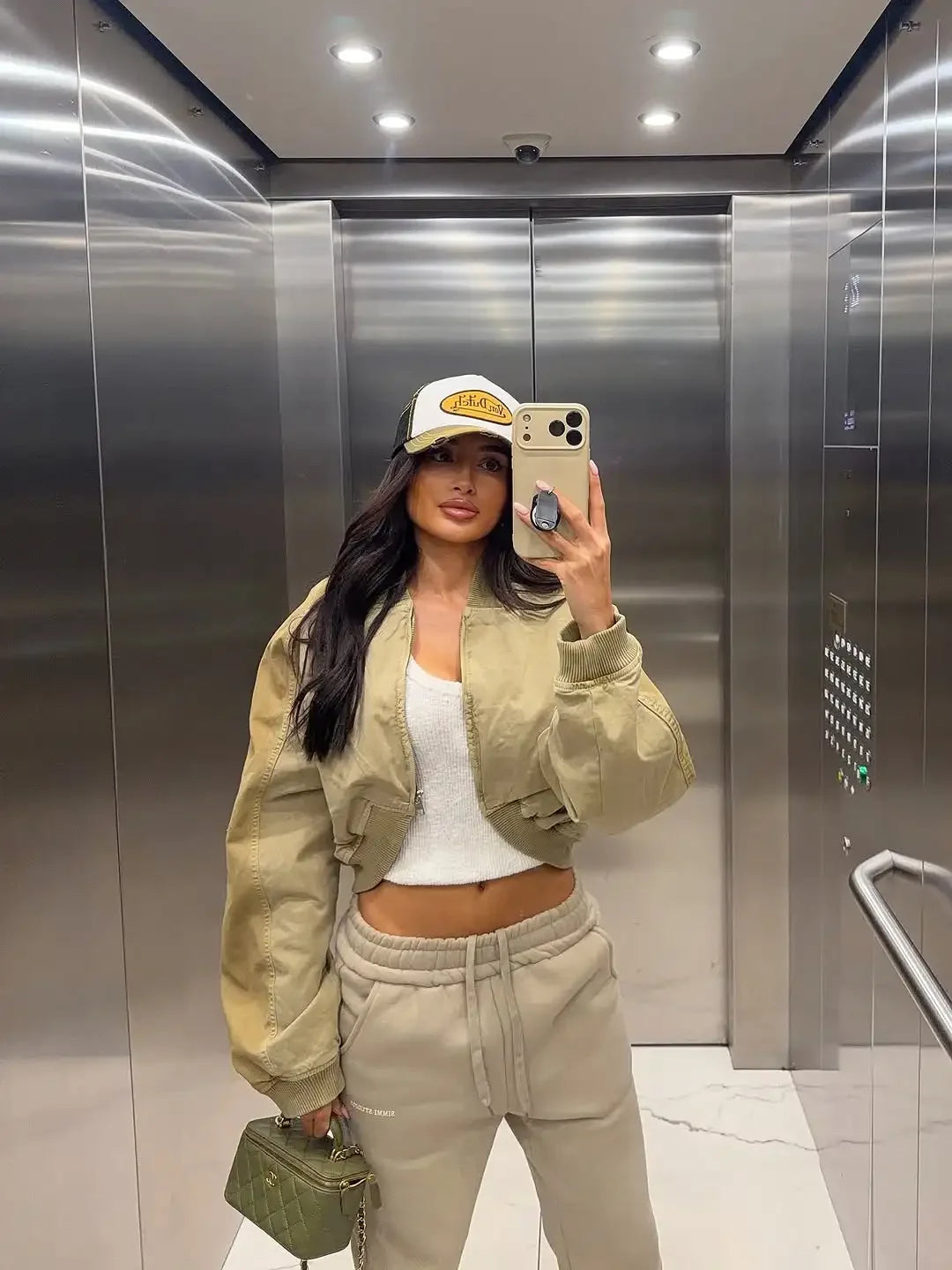 Women Khaki Cropped Bomber Jacket Chic Lapel Zipper Pocket Long Sleeve Short Coat Casual 2026 New Lady Street Daily Crop Outwear