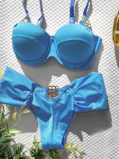 Brazilian Bikini Swimsuit for Women, Ring Linked Halter, Swimwear, Beachwear, 2025