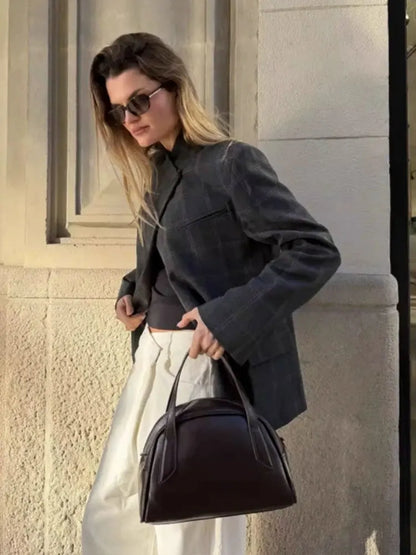 HH Women Fashion Plaid Blazer Coat Stand Collar Long Sleeve Jacket 2026 Spring Trend Casual Office Lady Chic Outerwear
