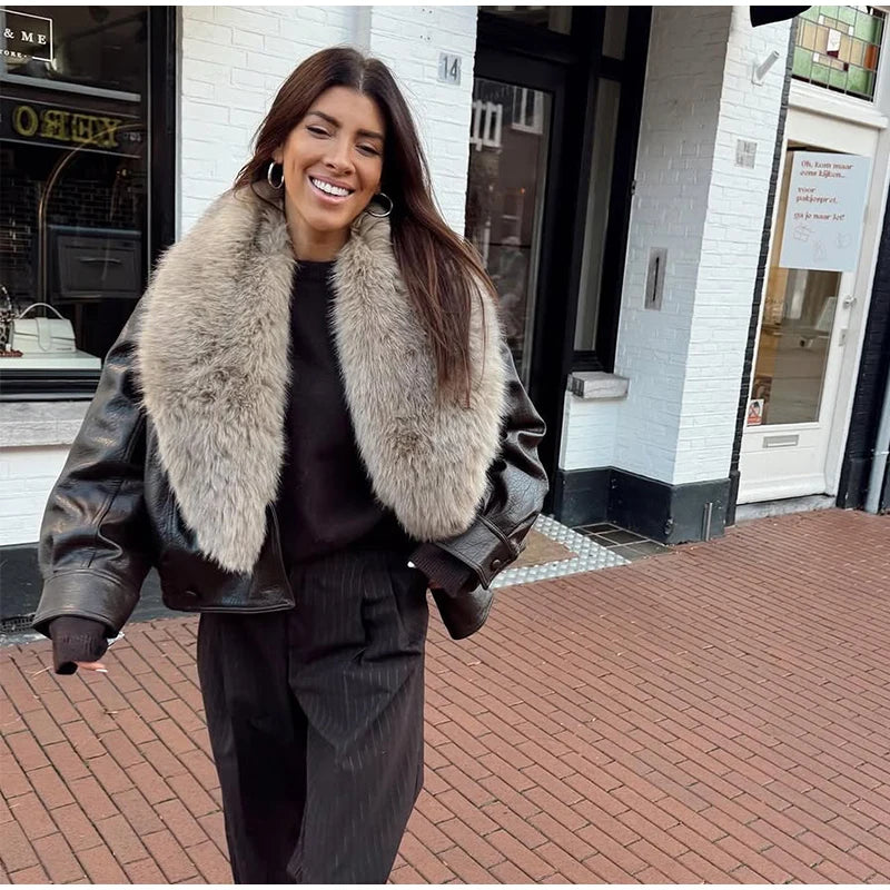 Brown Faux Fur Collar Leather Jacket Women Oversize Design Long Sleeve Coat 2025 Fashion Luxurious Versatile Bomber Outerwear