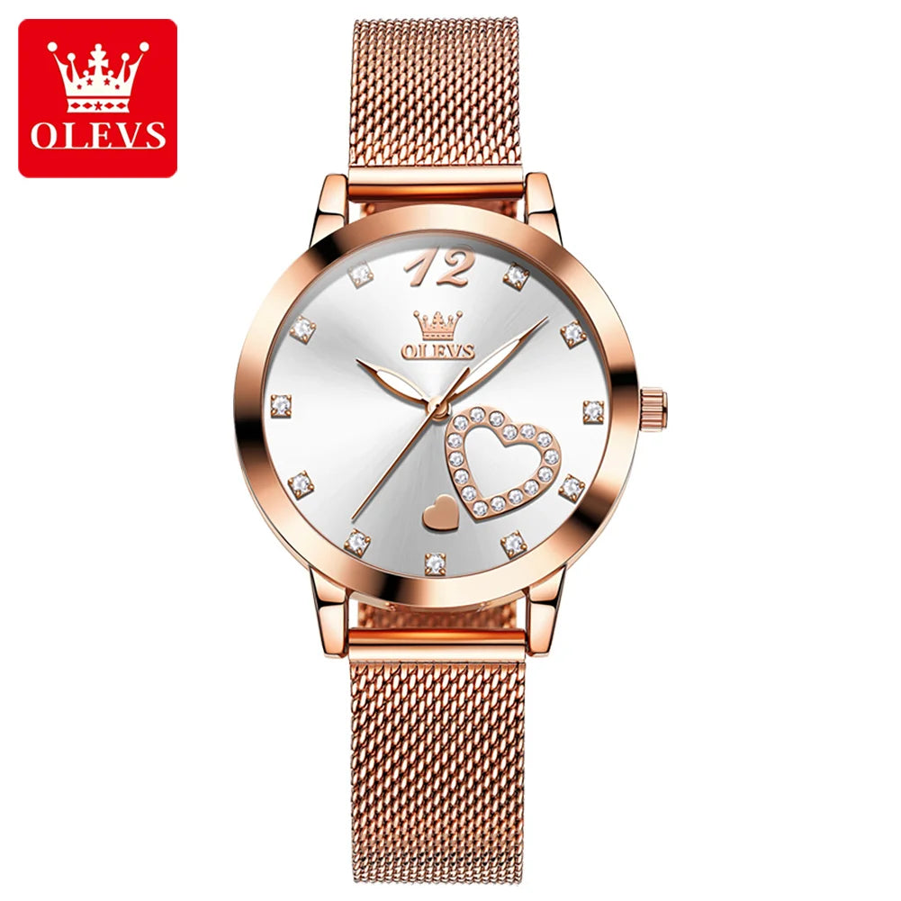 OLEVS 5189 Quartz Watch for Women Diamond Love Heart Design Fashion Elegant Rose Gold Mesh Steel Strap Waterproof Ladies Watches