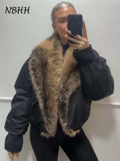 Fashion Faux Fur Patchwork Jacket Women Stand Collar Full Sleeve Warm Lace Up Loose Jackets 2026 Lady New Casual Outwear Street