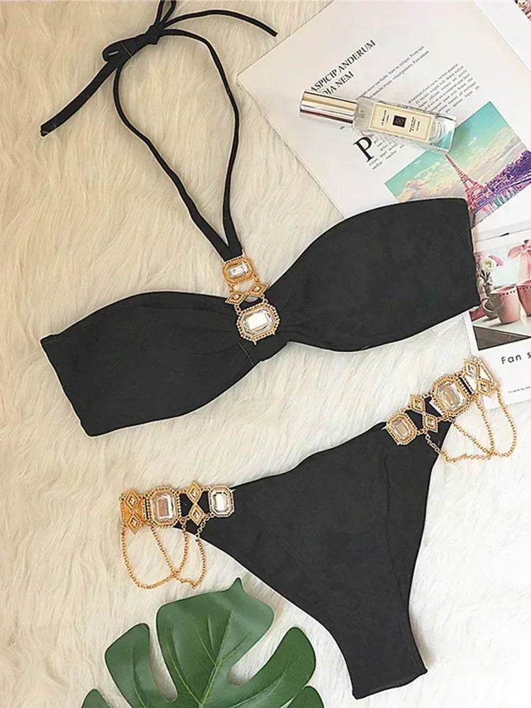 2026 Shiny Rhinestone Diamond Bikini Women Swimsuit Female Swimwear Two Pieces Bikini Set Halter Metal Chains Bathing Suit Swim