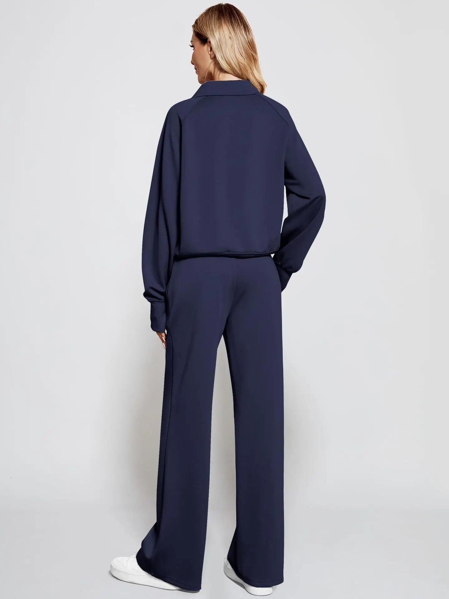 Woman Solid Color Half Zip Long Sleeve Sweatshirt and Wide Leg Pants Set Casual Sporty Two Piece Outfit