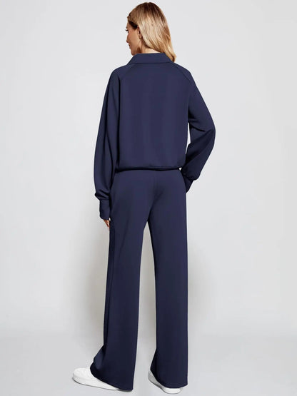Woman Solid Color Half Zip Long Sleeve Sweatshirt and Wide Leg Pants Set Casual Sporty Two Piece Outfit