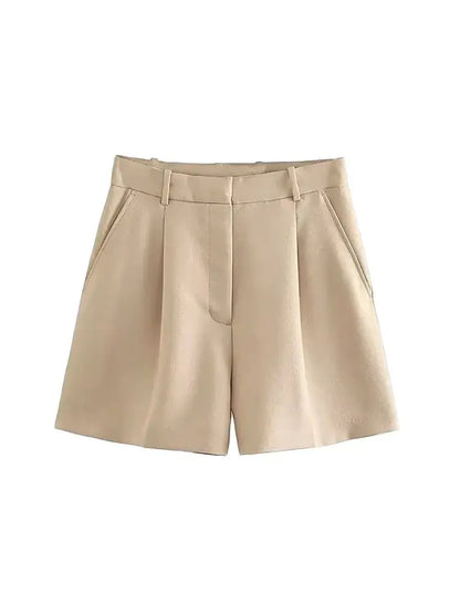 Women Fashion Side Pockets Front Darts Bermuda Shorts Vintage High Waist Zipper Fly Female Short Pants Mujer