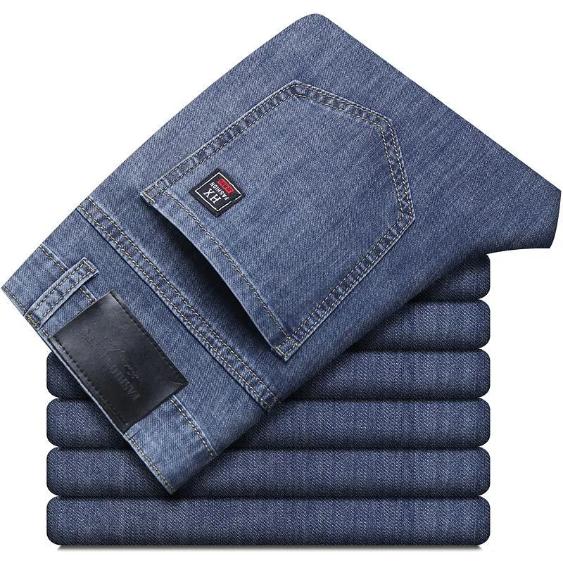 Summer New Elastic Men's Jeans Fashion Comfortable Business Straight Stretch Cotton Casual Denim Pants Brand Male Thin Trousers