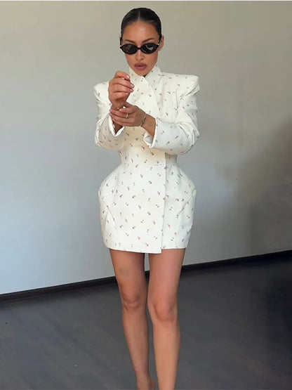 White Waist Cinching Floral Shoulder Pad Blazer Long Sleeve Single Breasted Jacket for Summer 2025 Elagant Female Outwear