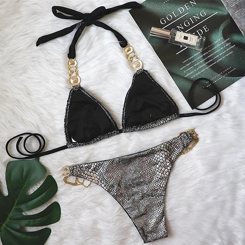 2026 Shiny Rhinestone Diamond Bikini Women Swimsuit Female Swimwear Two Pieces Bikini Set Halter Metal Chains Bathing Suit Swim