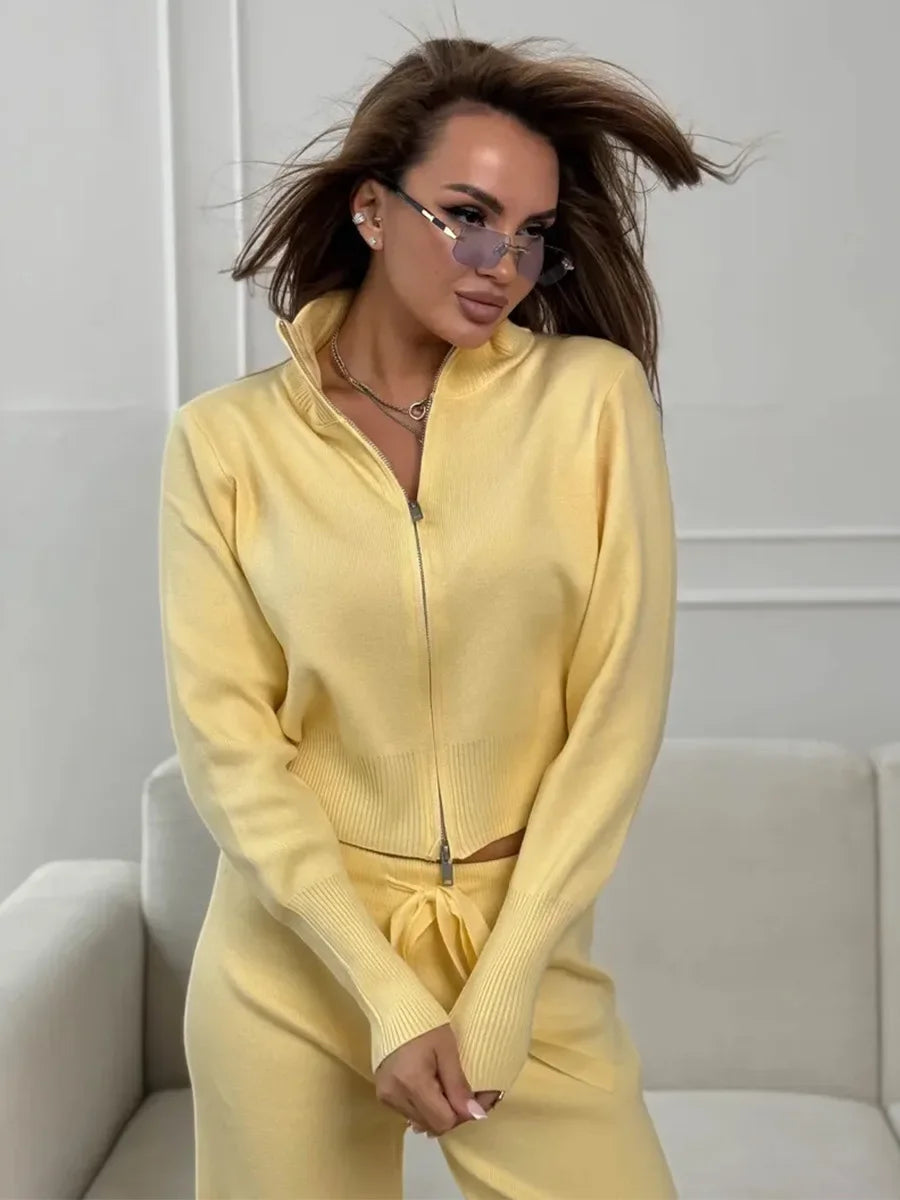Blubelle Women's New Autumn Winter Zip Up Knit Set Trendy Slim Fit Cardigan Pants Chic Commuting Sweater Outfit
