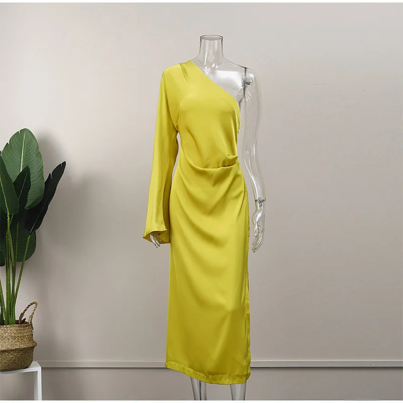 Sexy Women One Shoulder Long Sleeve Dresses Elegant Backless Split Side Slit Bodycon Dress 2023 Fashion Pleated Ladies Robe