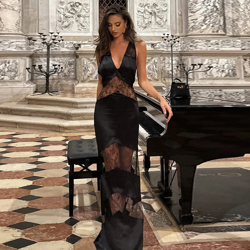 Elegant Lace Spliced Halter Long Dress Women Sexy Backless See Through Female Party Dresses 2025 Summer Lady Chic Evening Gowns
