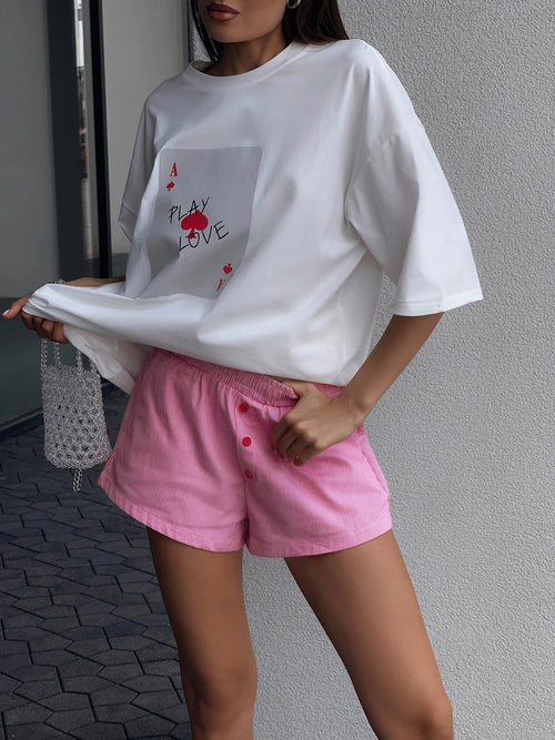 Bornladies 100% Cotton Poker Card Printed T-Shirt Women's Fashionable O-Neck Loose Short Sleeved Female Summer New Casual Top