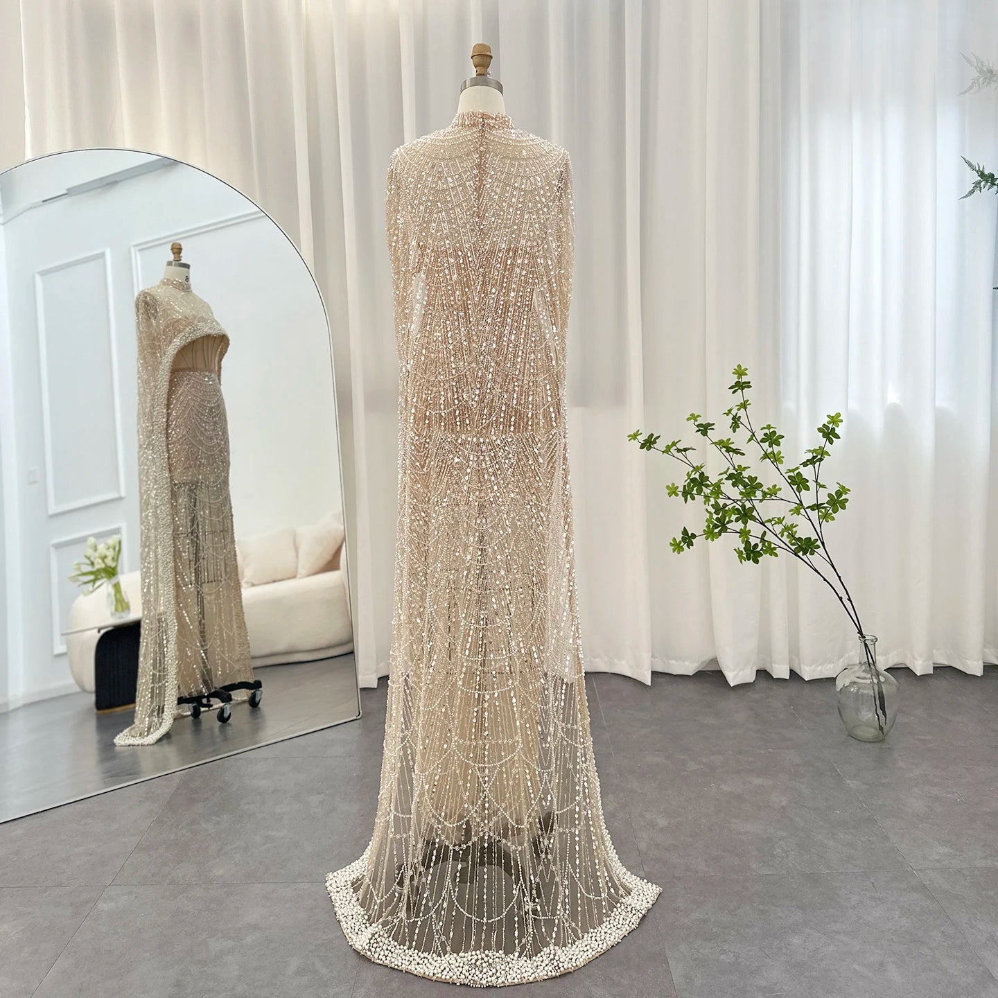 Sharon Said Luxury Pearls Dubai Champagne Evening Dresses with Cape New Arabic Women Mermaid Wedding Party Prom Dress SS369