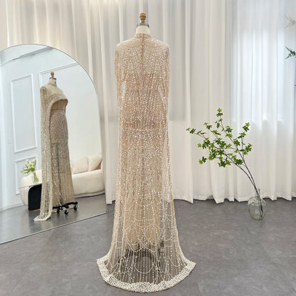 Sharon Said Luxury Pearls Dubai Champagne Evening Dresses with Cape New Arabic Women Mermaid Wedding Party Prom Dress SS369