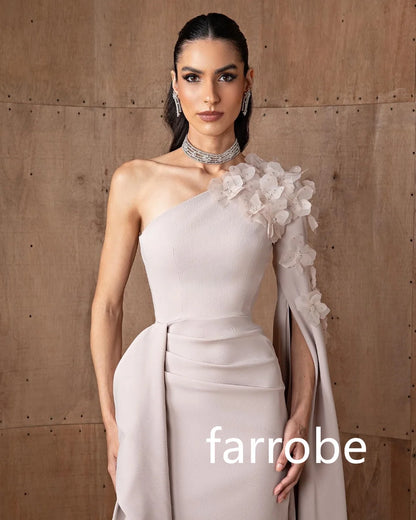 Customized Simple Jersey Pleat Flower A-line One-shoulder Long Dresses Bespoke Occasion Dresses Classic Exquisite Modern Style P
