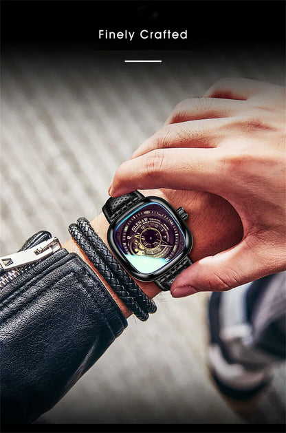 GLENAW Mechanical Watch for Men Breathable Leatherstainless Steel Automatic Skeleton Mens Watches Top Brand Luxury Reloj Hombre