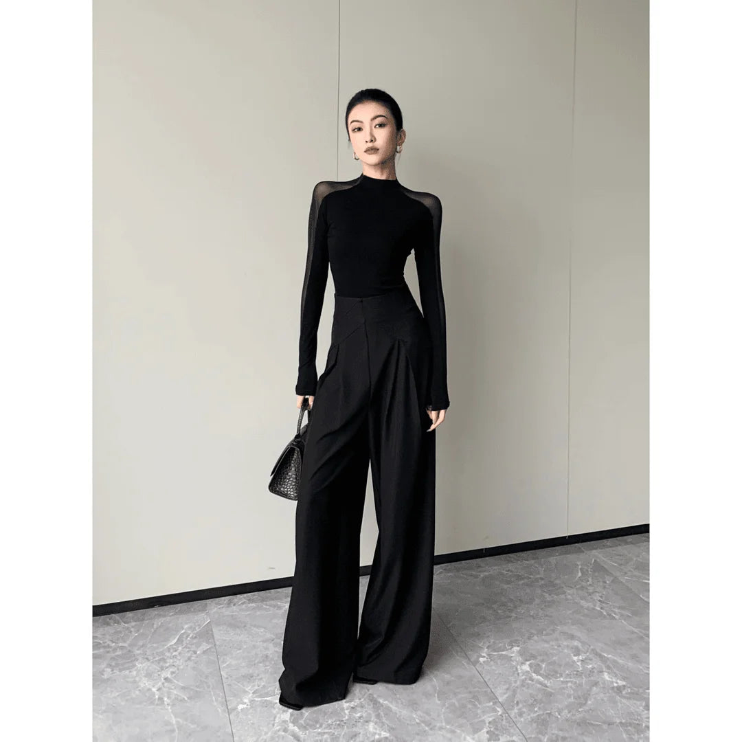 Women Clothing Korean Fashion Sexy See Through Mesh Patchwork Basic T Shirt Office Lady Elegant Chic Black Long Sleeve Slim Tops