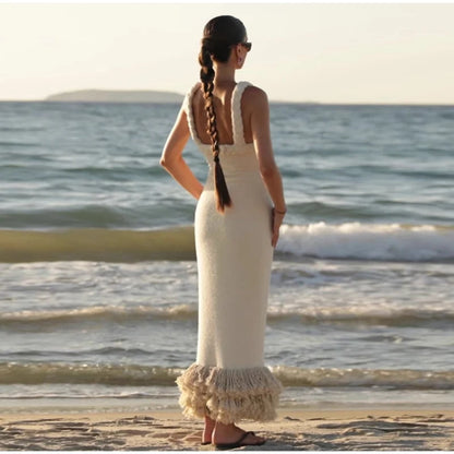 Tassels Hem Twist Strap Knitted Dress Women Sleeveless Backless Slim High Waist Dresses Female Holiday Evening Bodycon Robe