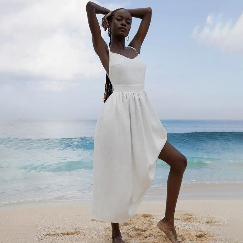 TARUXY Sexy Backless Beach Dress For Women V Neck Splice Folds Long Dresses Womens Party Elegant Bandage Maxi Sundress Female