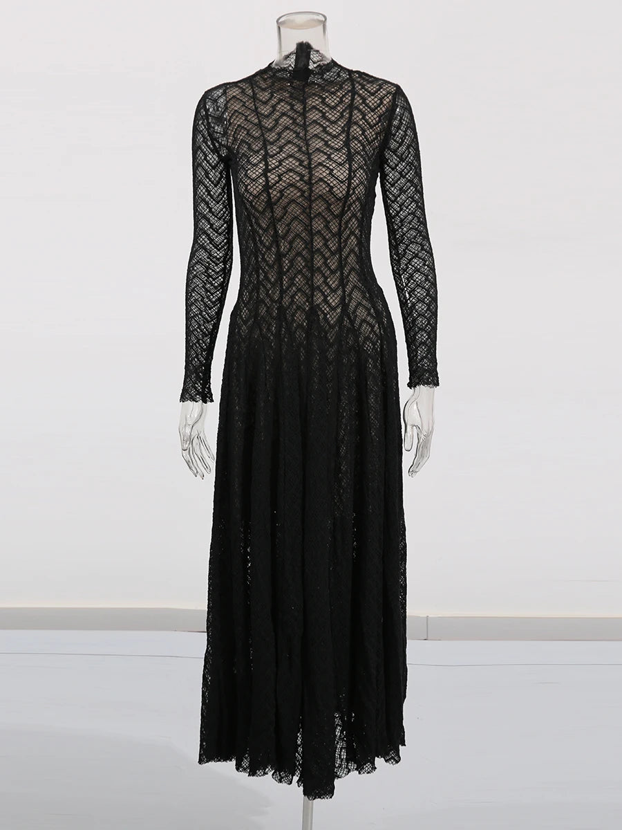 TWOTWINSTYLE Hollow Out Mesh Long Dress for Women Stand Collar Slimming Long Sleeve High Waist Chic Pleated Dresses Female New