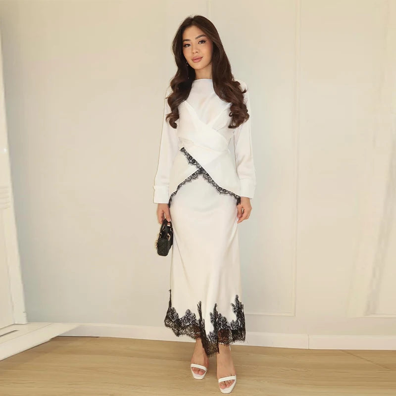 Lace Trim Women's Dress Long Sleeve Wrap O-Neck Top Midi Slim Skirt Satin Elegant Party Evening Dresses Trendy Outfit Ladies