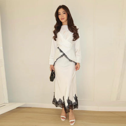 Lace Trim Women's Dress Long Sleeve Wrap O-Neck Top Midi Slim Skirt Satin Elegant Party Evening Dresses Trendy Outfit Ladies
